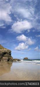 A vertical panoramic view of Gull Rock, Portreath, Cornwall.