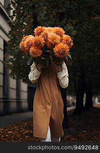 A vertical portrait of a young anonymous girl taking a walk with a beautiful flower bouquet in her hand that covers her face