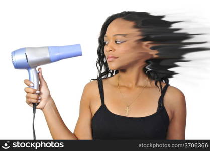 A very beautiful woman drying her hair.