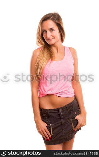 A very beautiful young woman posing isolated over copy space background