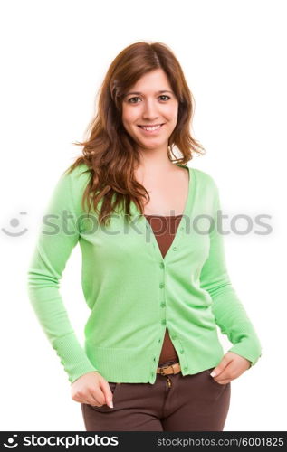 A very beautiful young woman posing isolated over copy space background