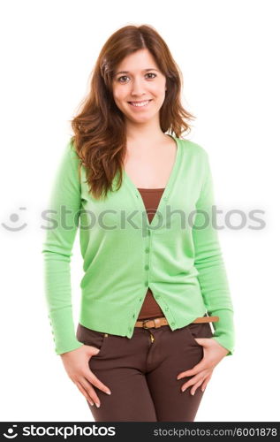 A very beautiful young woman posing isolated over copy space background