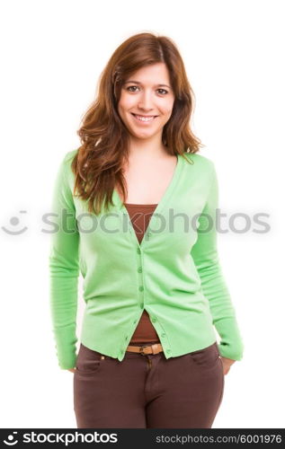 A very beautiful young woman posing isolated over copy space background