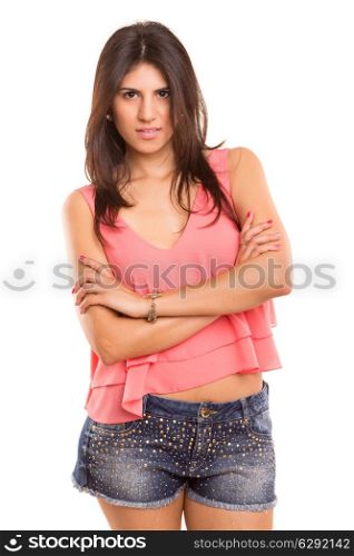 A very beautiful young woman posing isolated over copy space background