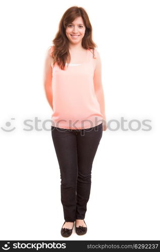 A very beautiful young woman posing isolated over copy space background