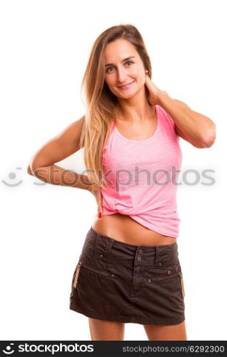 A very beautiful young woman posing isolated over copy space background