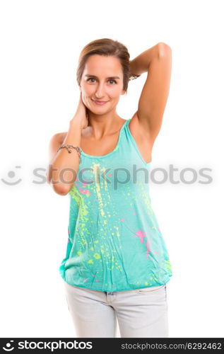 A very beautiful young woman posing isolated over copy space background