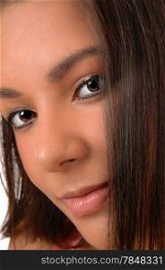 A very closeup of the face on a lovely young woman with her niceeyes.