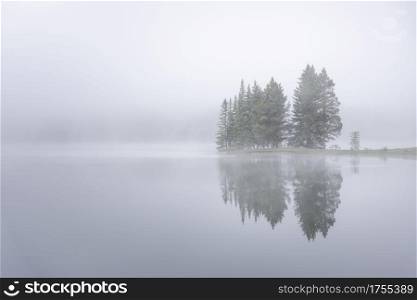 A very foggy morning at Two Jack Lake near the town of Banff.