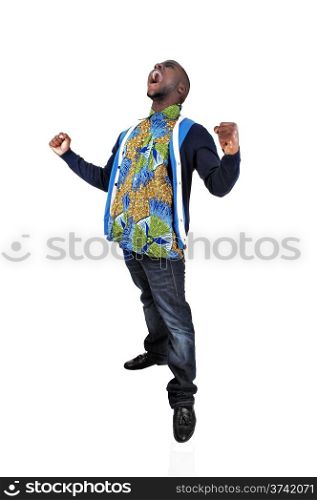 A very happy African American young man raising his hands, for whitebackground, and screaming.