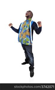 A very happy African American young man raising his hands, for whitebackground, and screaming.