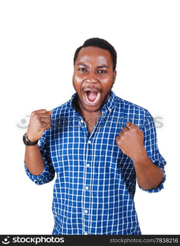 A very happy African American young man raising his hands, isolated for white background, screaming his lungs of.