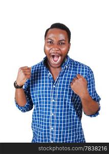 A very happy African American young man raising his hands, isolated for white background, screaming his lungs of.