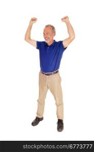A very happy middle age man standing isolated for white backgroundlifting both arms up.