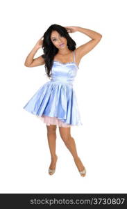 A very pretty and young Asian woman with her long black hair standing ina blue dress for white background.