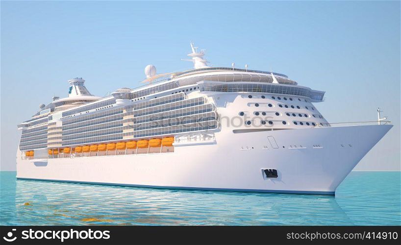 A very realistic view 3D illustration of a Cruise Ship, similar to the Freedom of the Sea ship. Sailing out at sea.