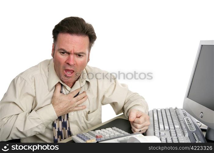 A very red faced man having a heart attack or choking in the office. Isolated on white.