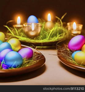 A vibrant array of Easter eggs are surrounded by a burning candle, celebrating the religious holiday and traditional event with decorative food, made with generative ai