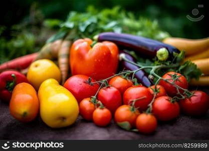 A vibrant, close-up image of freshly picked vegetables, such as tomatoes, carrots, or bell peppers, showcasing their rich colors, textures, and natural beauty. Generative Ai