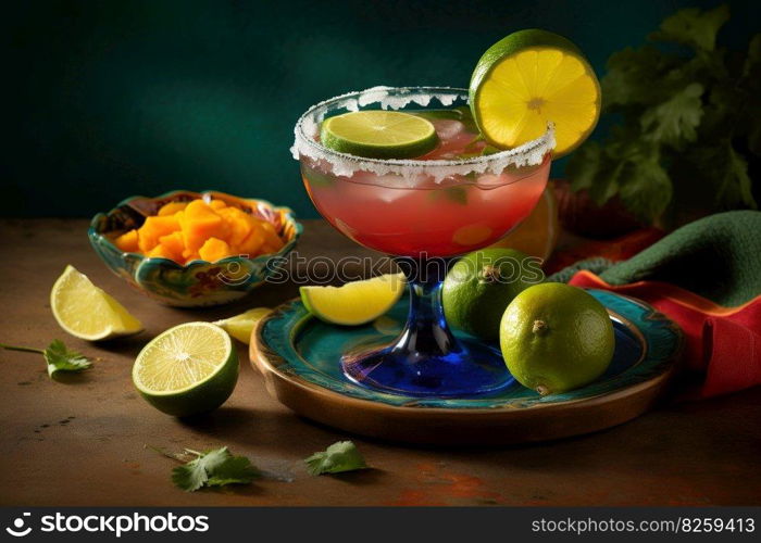 A vibrant, festive margarita, served in a salt-rimmed glass and garnished with a slice of lime, surrounded by fresh ingredients, such as citrus fruits and a bowl of tortilla chips. Generative AI