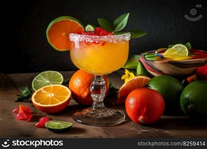 A vibrant, festive margarita, served in a salt-rimmed glass and garnished with a slice of lime, surrounded by fresh ingredients, such as citrus fruits and a bowl of tortilla chips. Generative AI