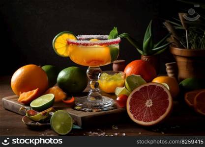 A vibrant, festive margarita, served in a salt-rimmed glass and garnished with a slice of lime, surrounded by fresh ingredients, such as citrus fruits and a bowl of tortilla chips. Generative AI