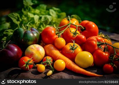 A vibrant, freshly picked vegetables, such as tomatoes, carrots, bell peppers, showcasing their rich colors, textures, and natural beauty, Generative AI