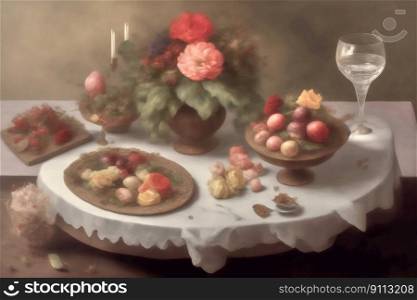 A vibrant still life painting of fresh fruit and other Easter treats, capturing the joy of healthy eating during celebrations, made with generative ai