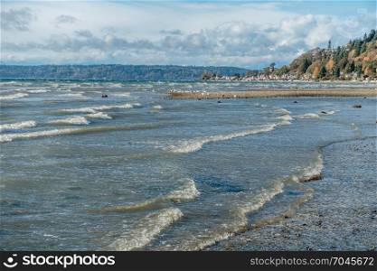 A view along the shoreline at Normandy Park, Washington on a windy day.