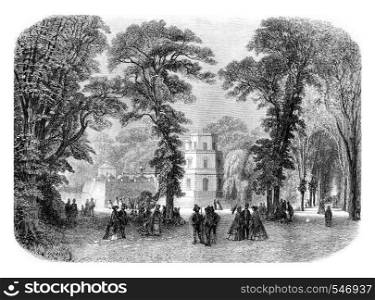 A View from the Gardens of Caserta, vintage engraved illustration. Magasin Pittoresque 1861.