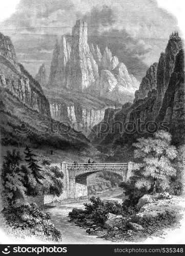 A view in Tyrol, vintage engraved illustration. Magasin Pittoresque 1857.