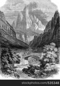 A view in Tyrol, vintage engraved illustration. Magasin Pittoresque 1857.