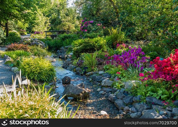 A view of a garden stream with flowers.