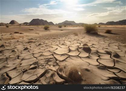 a view of a parched desert, with signs of climate change in the form of visible droughts and heat waves, created with generative ai. a view of a parched desert, with signs of climate change in the form of visible droughts and heat waves