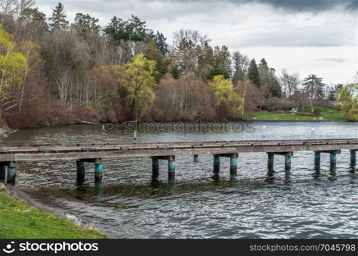 A view of a pier on Lake Washington in Seattle. Trees are in the background.