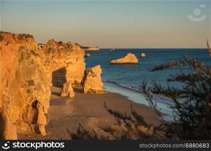 A view of a Praia da Rocha in Portimao, Algarve region, Portugal. Sunset