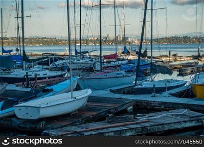 A view of Bellevue, Washington through the moored boats on Lake Washington near Seattle.