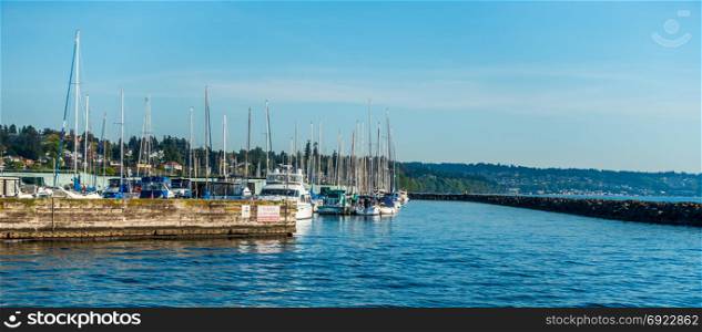 A view of boats moored at Des Moines Marina in Washington State.
