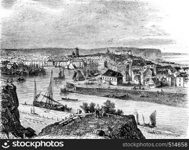 A view of Dieppe, vintage engraved illustration. Magasin Pittoresque 1844.