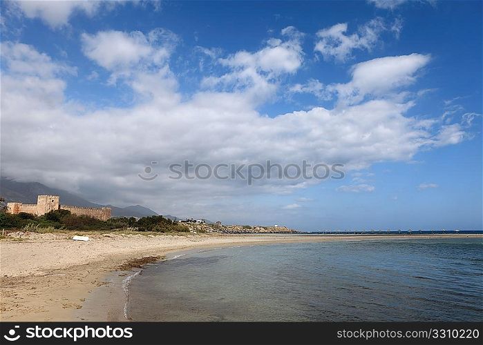 A view of Frangokastello beach and castle on the south coast of the Greek island of Crete.