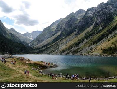 a view of lac of Gaube in the Pyrenees mountains