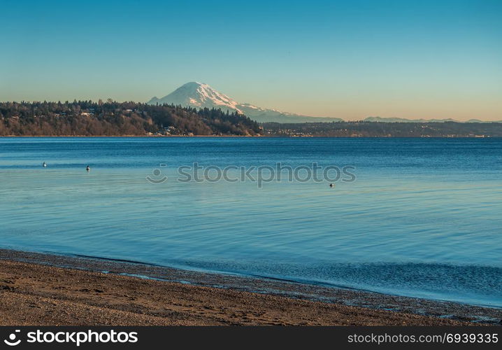 A view of Mount Rainier across the Puget Sound.