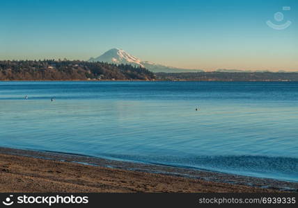 A view of Mount Rainier across the Puget Sound.