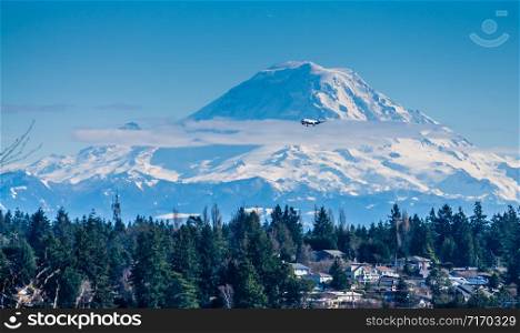 A view of Mount Rainier and homes.