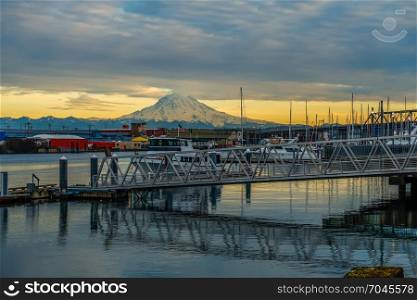 A view of Mount Rainier from a marina in Tacoma, Washington. HDR image.