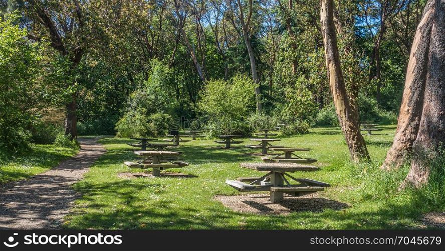 A view of picnic table at Lincoln Park in West Seattle, Washington.