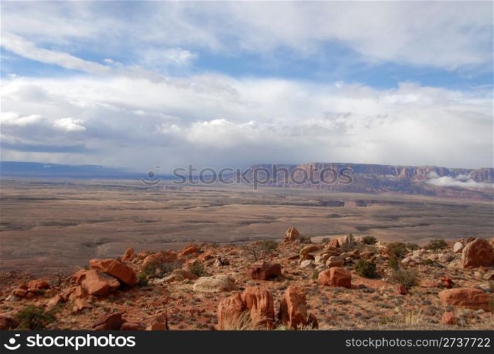 A view of red rocks, buttes and the Colorado River near Page, Arizona