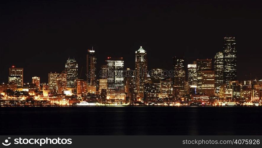 A view of Seattle downtown buildings at night
