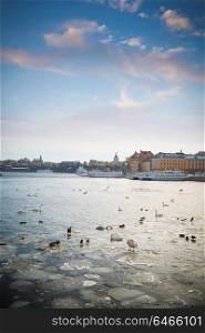 A view of Stockholm&rsquo;s gamla stan region from across the frozen river in winter time.