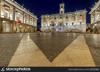 A view of the Capitol Square in night illumination. Rome. Italy.. Rome. Capitol Square.